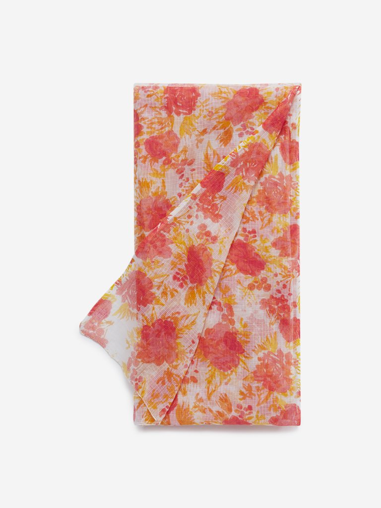 Zuba Coral Floral Print Cotton-Silk Stole