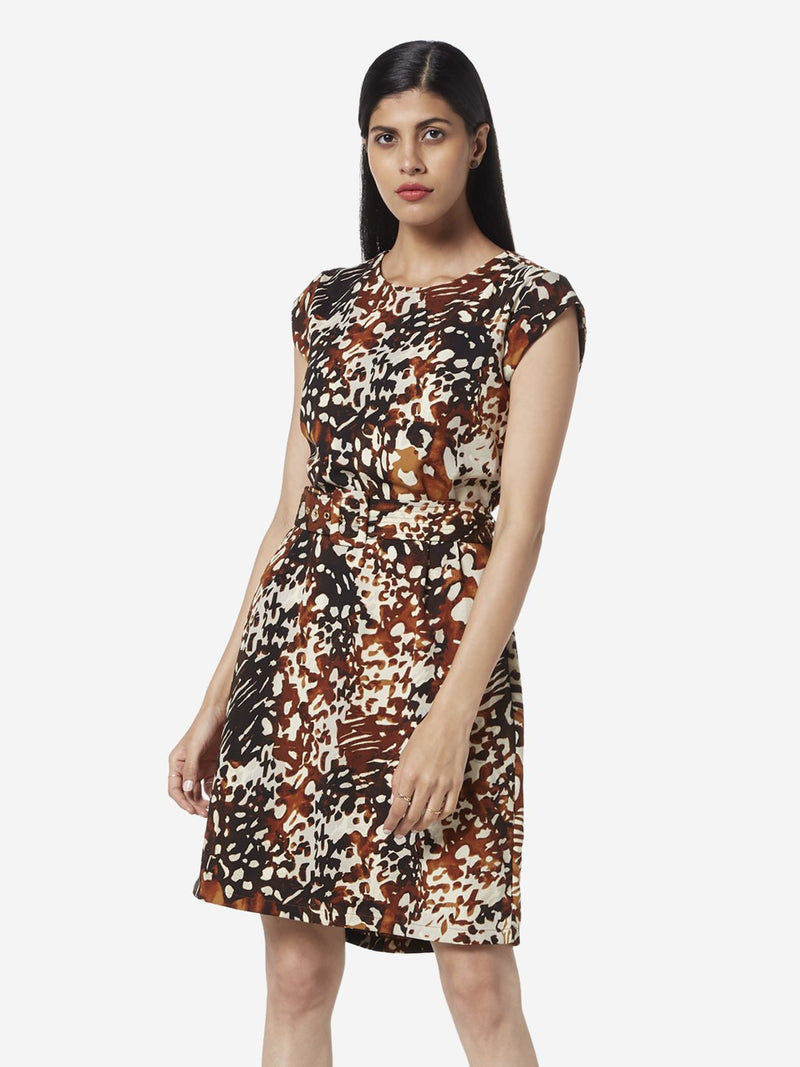 Wardrobe Brown Printed Tess Dress With Belt