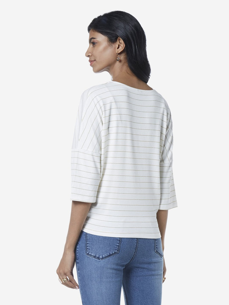 LOV White Striped Deni Top