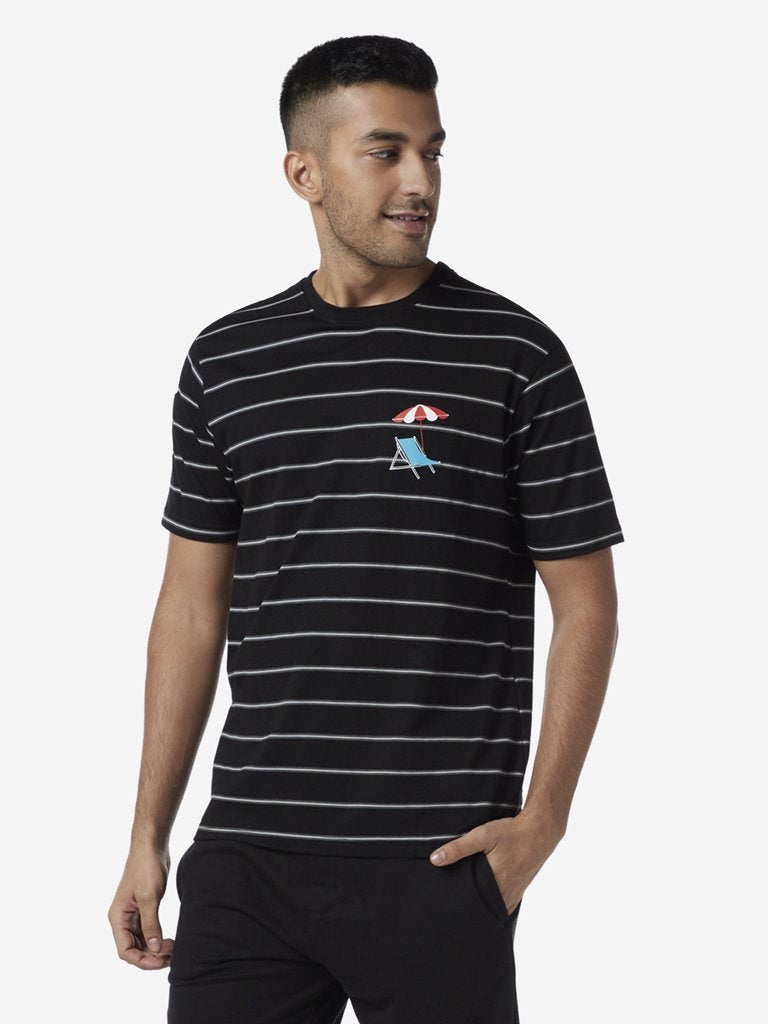 WES Lounge Black Striped Relaxed Fit T-Shirt