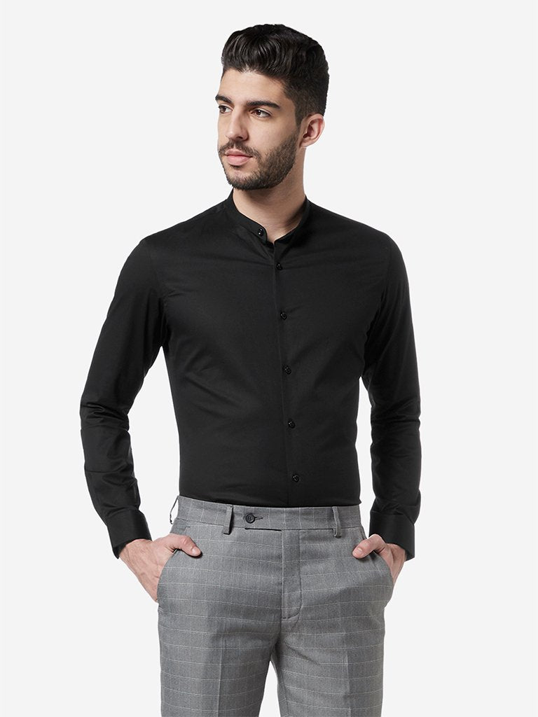 WES Formals Black Band Neck Ultra-Slim Fit Shirt