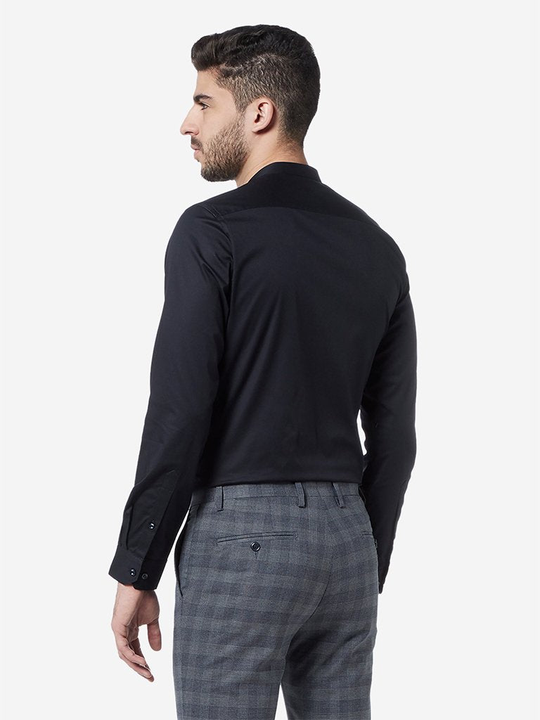 WES Formals Navy Band Neck Ultra-Slim Fit Shirt