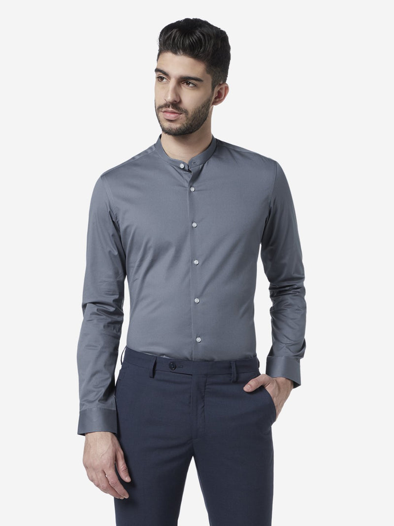 WES Formals Blue Band Neck Ultra-Slim Fit Shirt