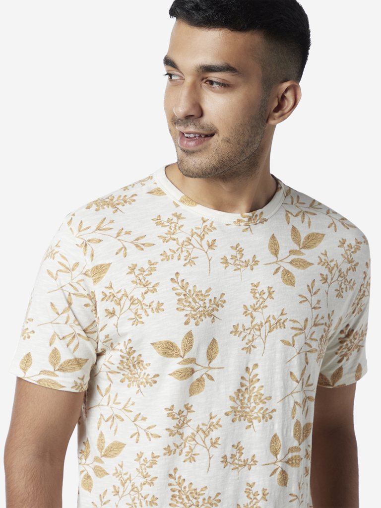 ETA White Slim Fit Leaf Design T-Shirt