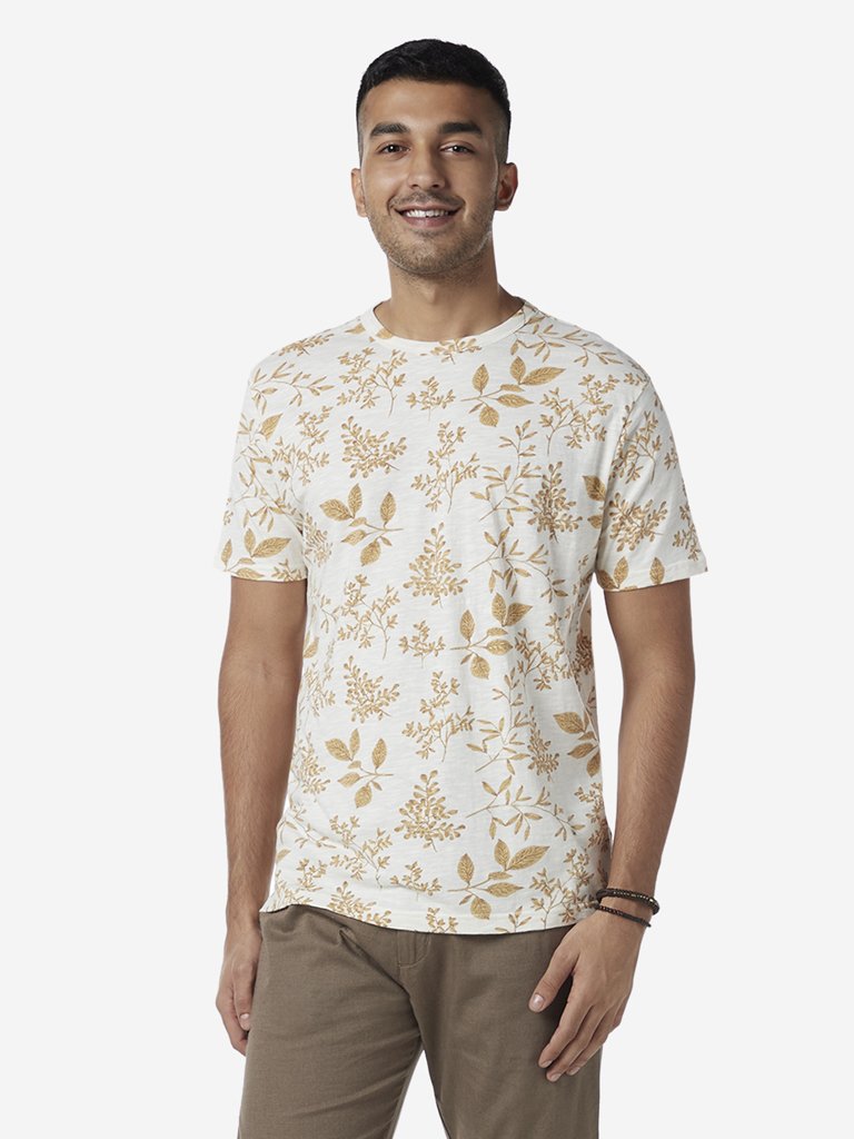ETA White Slim Fit Leaf Design T-Shirt