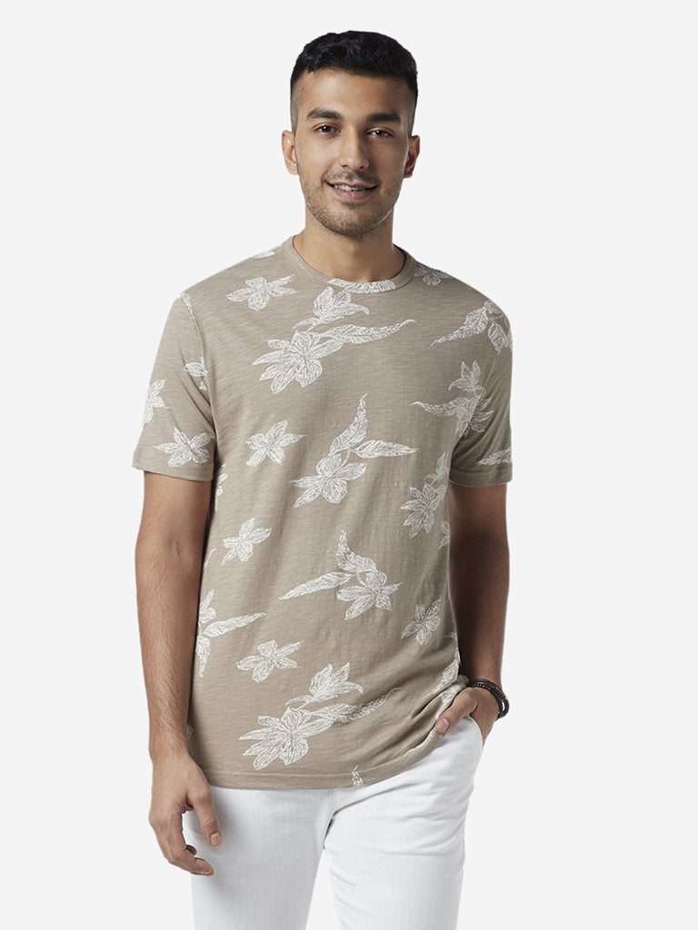 ETA Light Taupe Slim Fit Floral Design T-Shirt