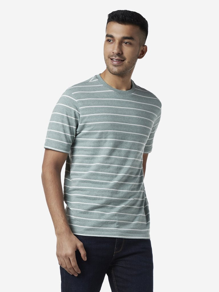 Ascot Sage Green Striped Relaxed Fit T-Shirt