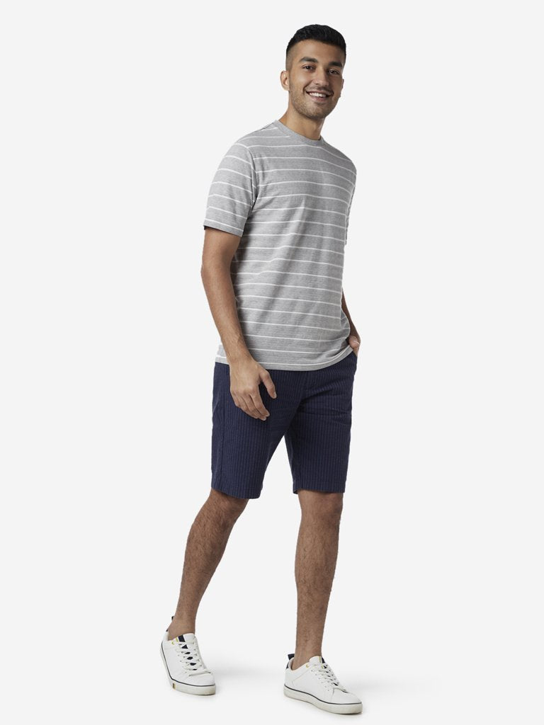 Ascot Light Grey Striped Relaxed Fit T-Shirt