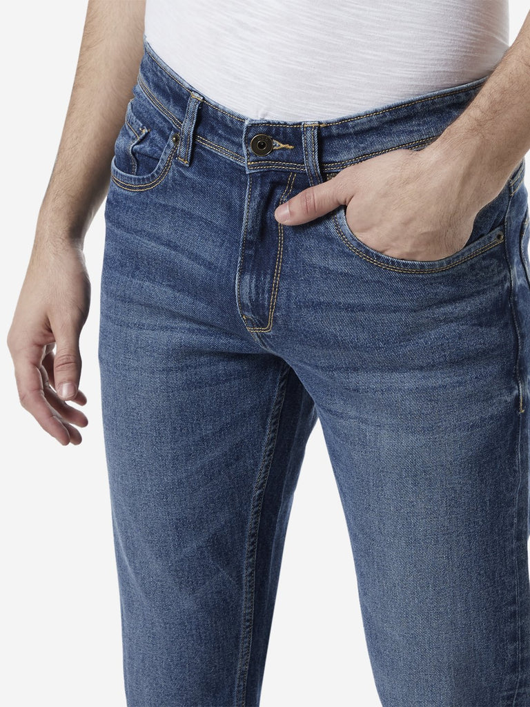 WES Casuals Blue Whiskered Relaxed-Fit Jeans