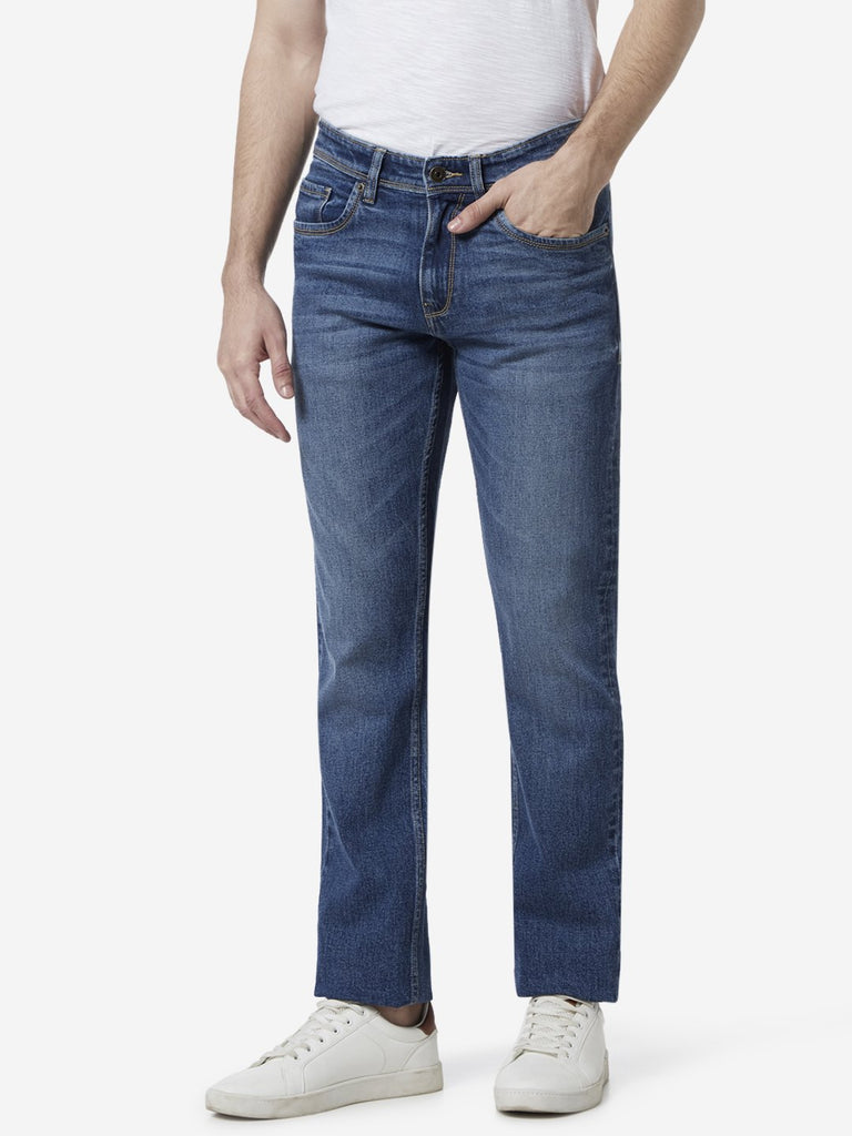 WES Casuals Blue Whiskered Relaxed-Fit Jeans