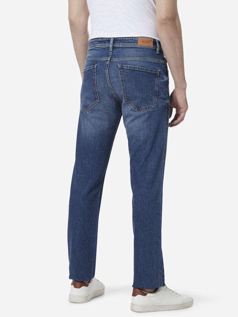 WES Casuals Blue Whiskered Relaxed-Fit Jeans