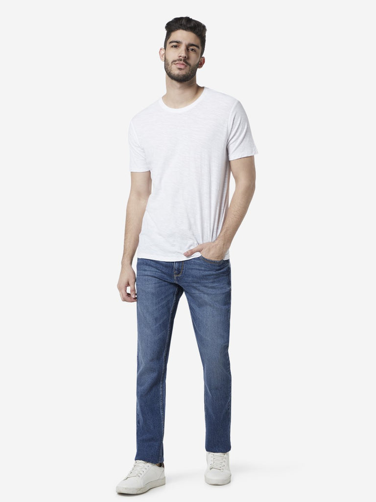 WES Casuals Blue Whiskered Relaxed-Fit Jeans