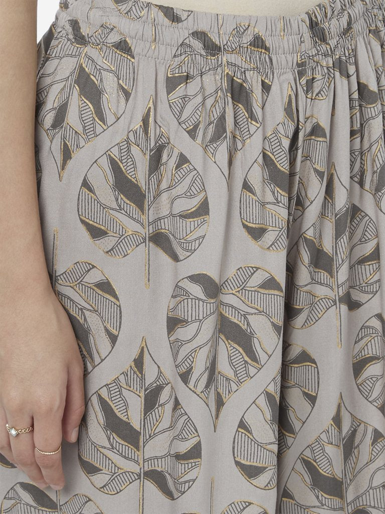 Utsa Grey Leaf Print Flared Palazzos