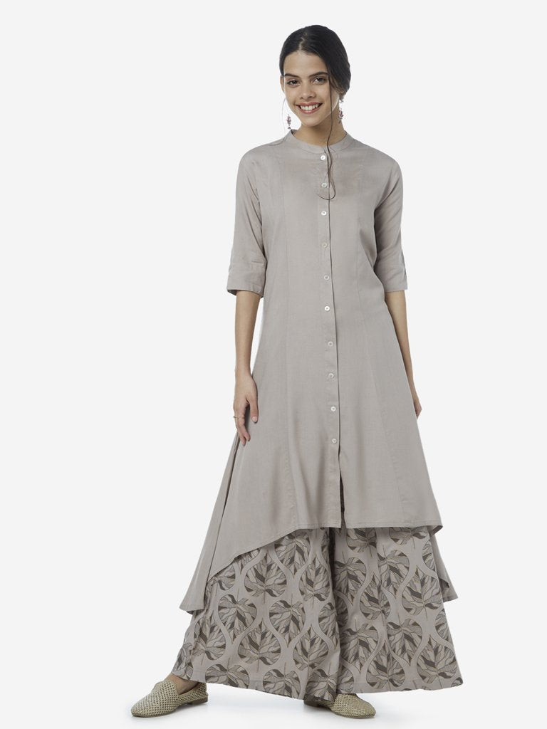 Utsa Grey Leaf Print Flared Palazzos