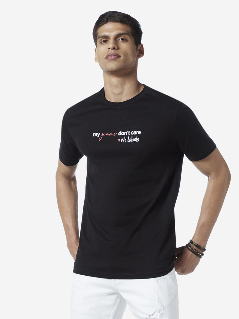 Nuon Black Slim Fit Text Pattern T-Shirt