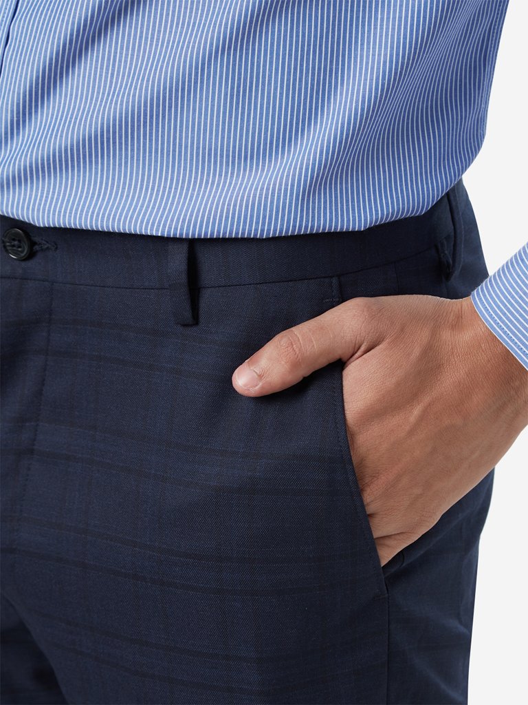WES Formals Navy Carrot Fit Checked Trousers