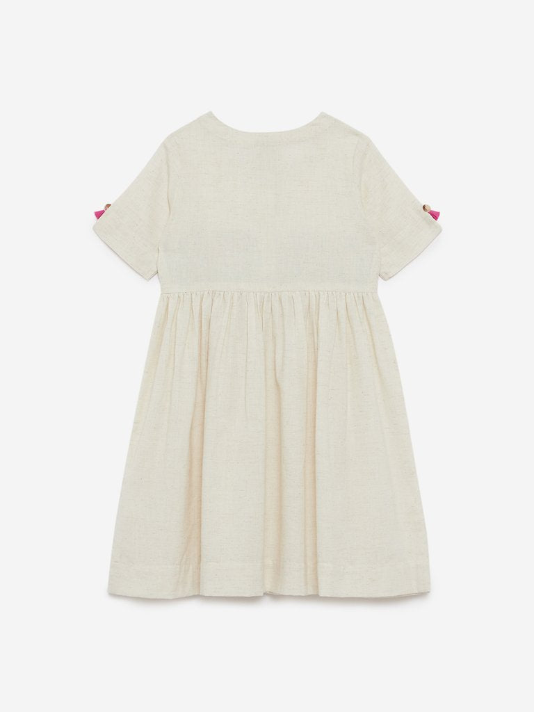 Utsa Kids Off-White Floral Embroidered Dress