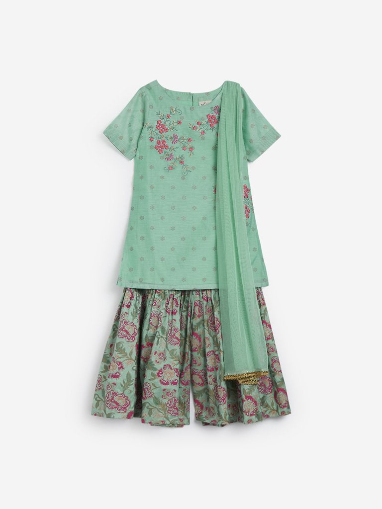 Utsa Kids Light Green Floral Sharara Set