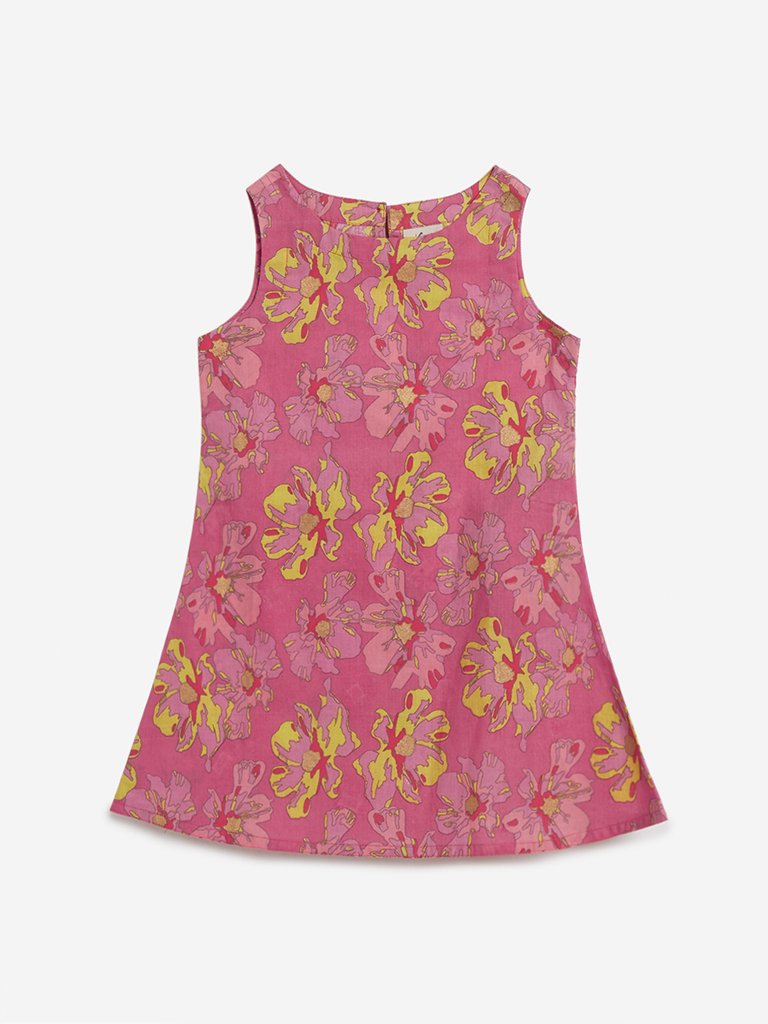 Utsa Kids Pink Floral Print A-line Kurta