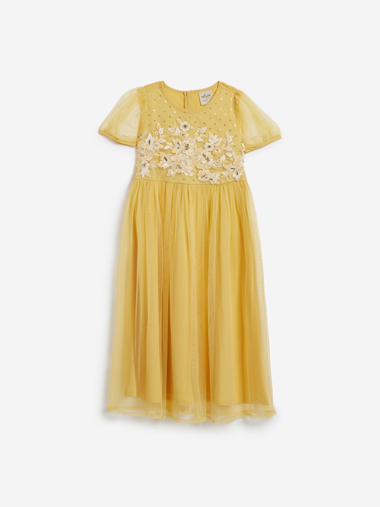 Utsa Kids Ochre Floral Embroidered Maxi Dress