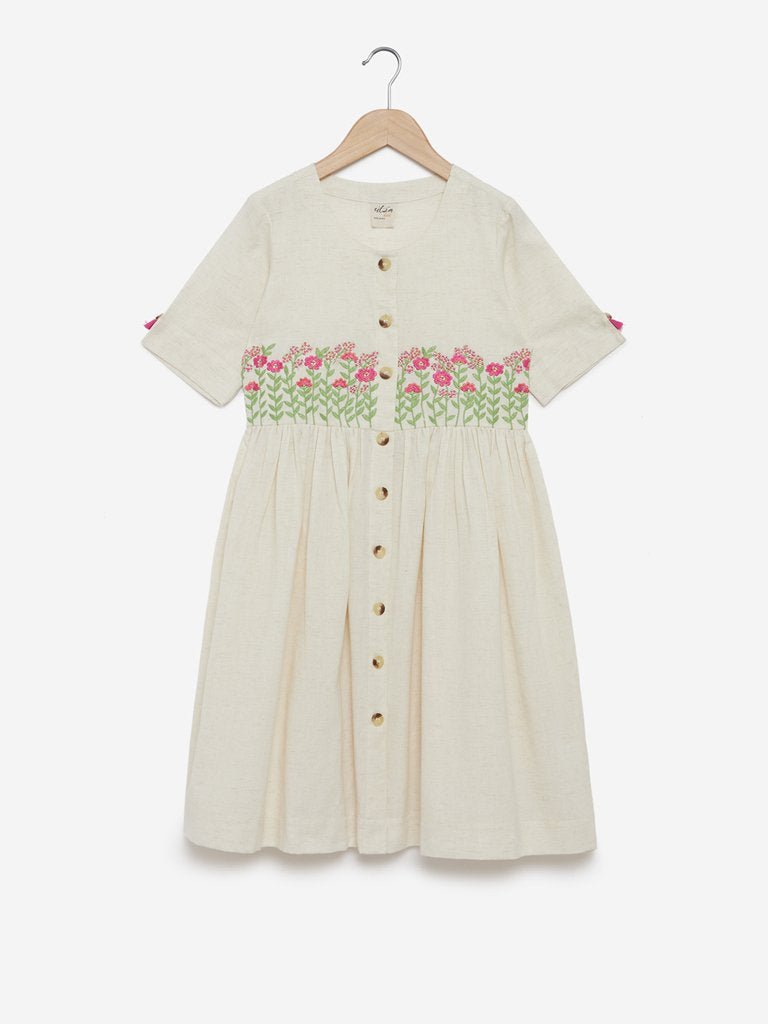 Utsa Kids Off-White Floral Embroidered Dress