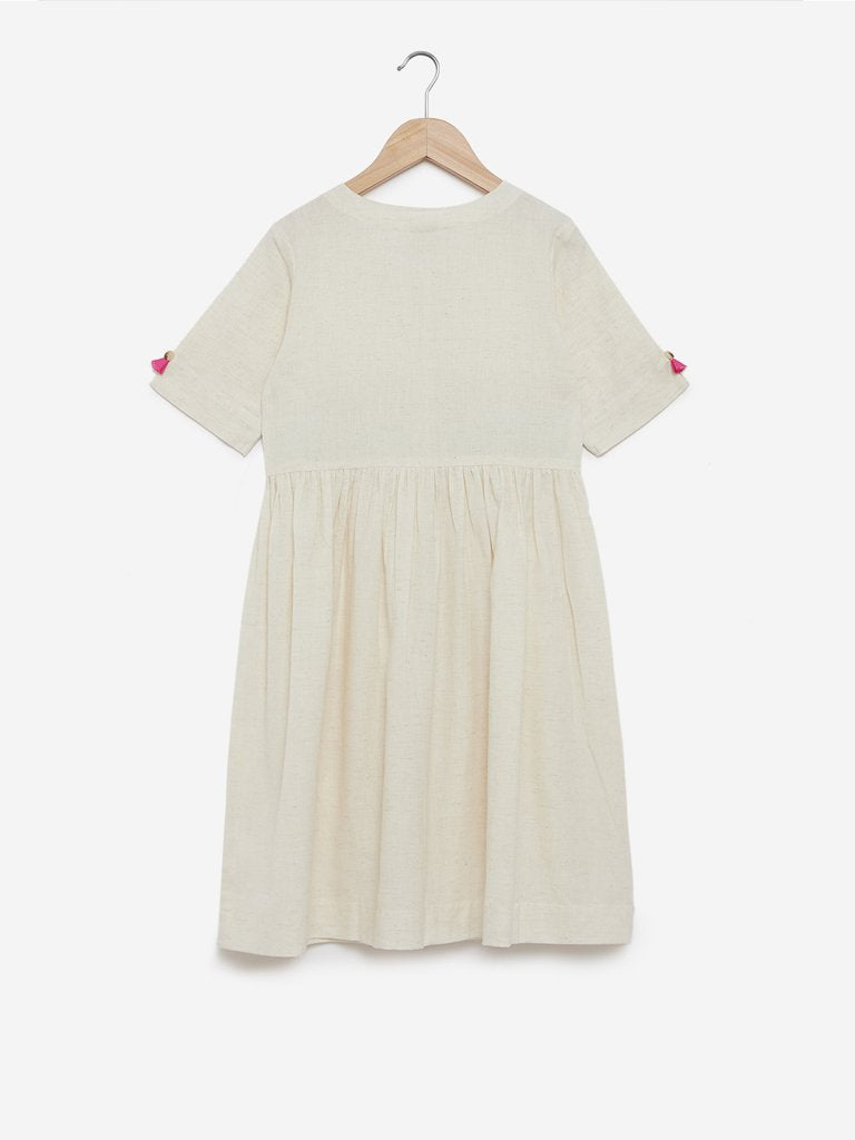 Utsa Kids Off-White Floral Embroidered Dress