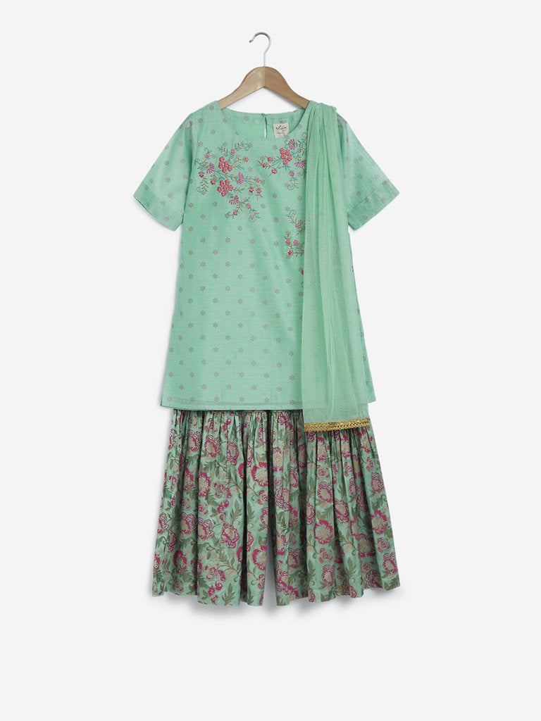 Utsa Kids Light Green Floral Sharara Set
