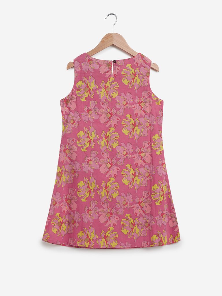 Utsa Kids Pink Floral Print A-line Kurta