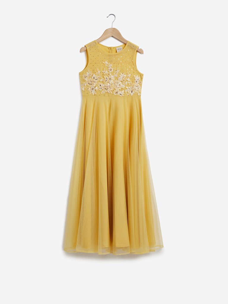 Utsa Kids Ochre Floral Embroidered Maxi Dress