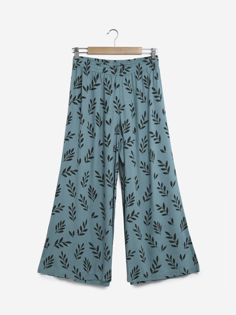 Utsa Teal Leaf Patterned Palazzos