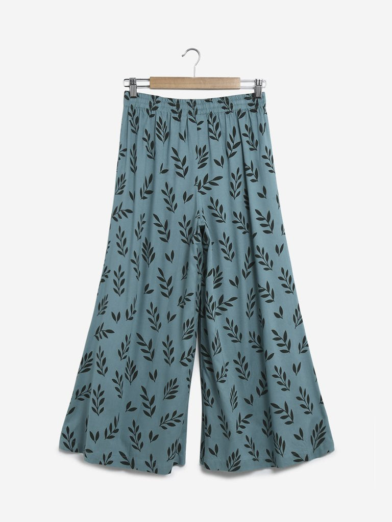 Utsa Teal Leaf Patterned Palazzos