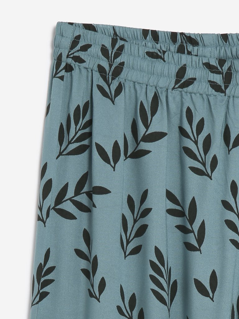 Utsa Teal Leaf Patterned Palazzos