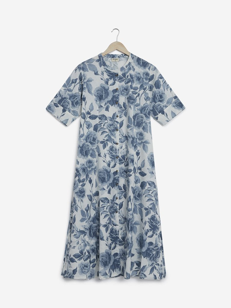 Diza Curves Light Blue Rose Print A-line Kurta