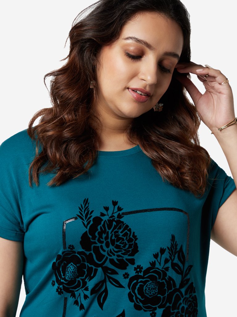 Gia Curves Teal Floral Patterned Bella T-Shirt