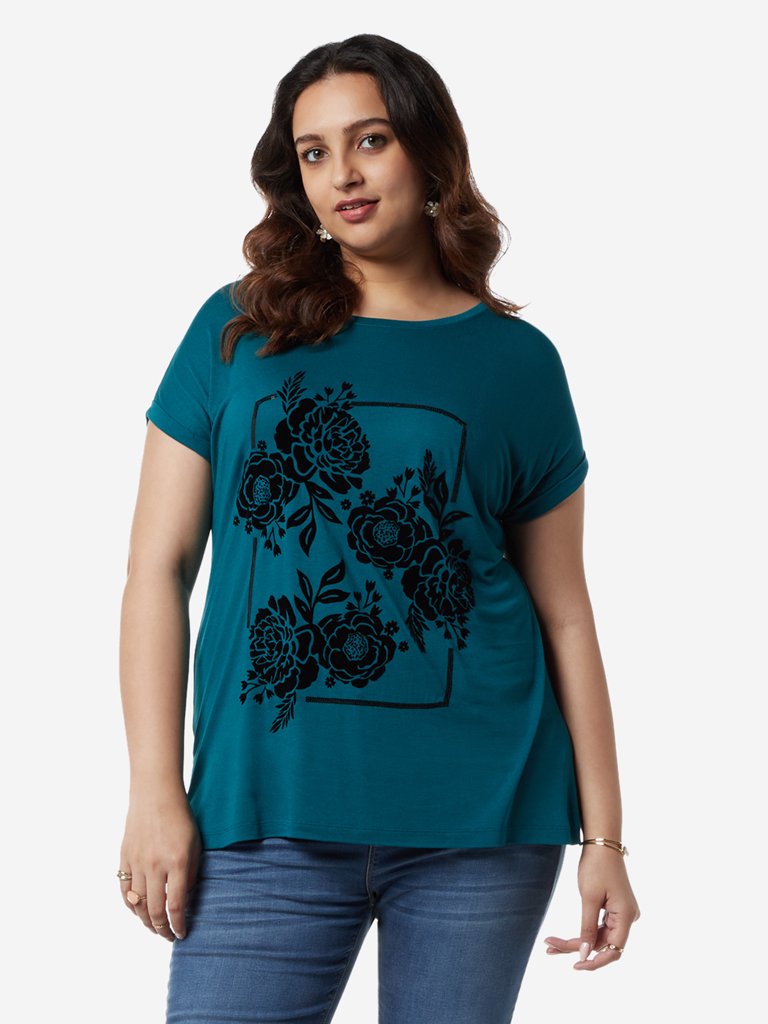 Gia Curves Teal Floral Patterned Bella T-Shirt