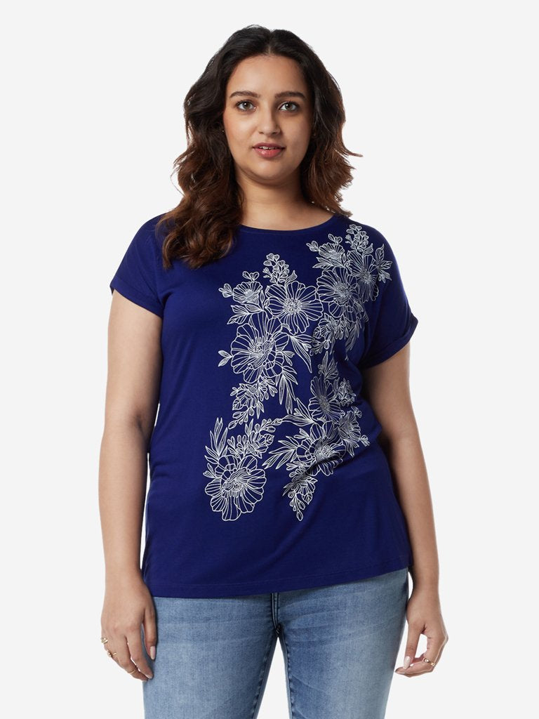 Gia Curves Dark Blue Floral Pattern Bella T-Shirt