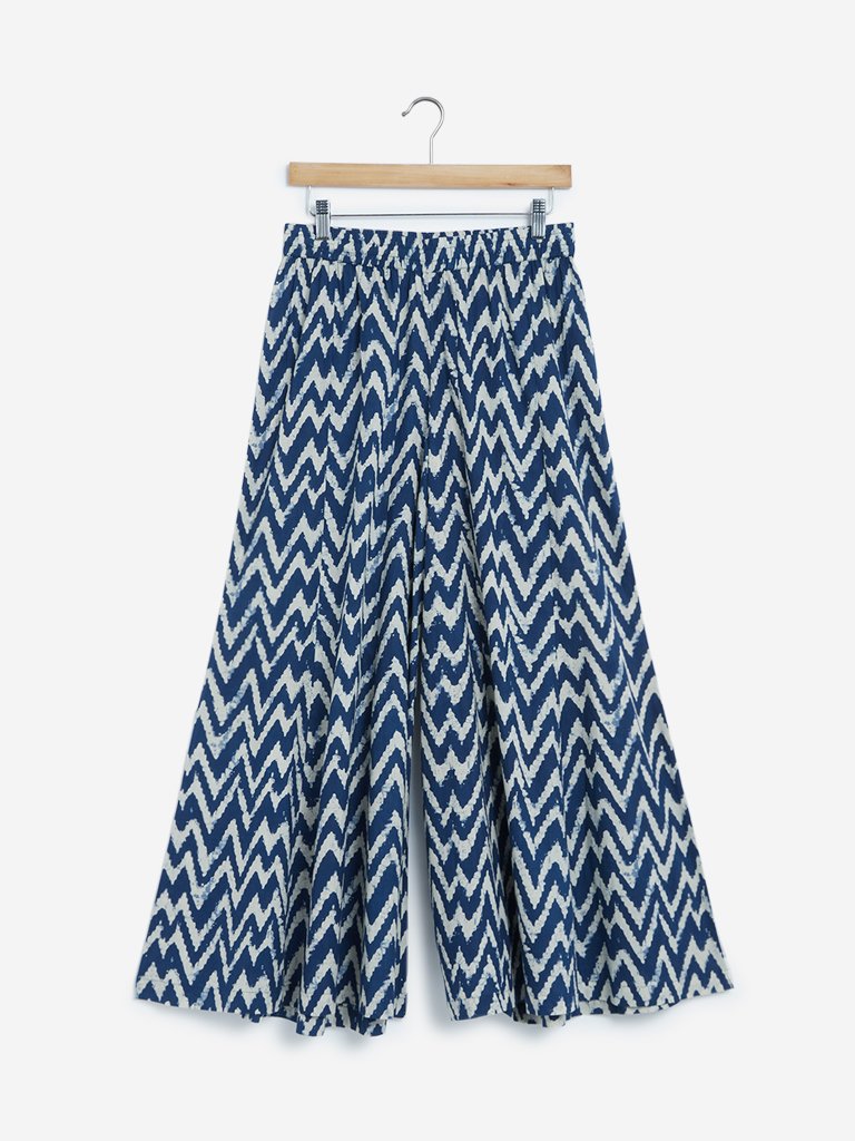 Utsa Dark Blue Chevron Print Palazzos