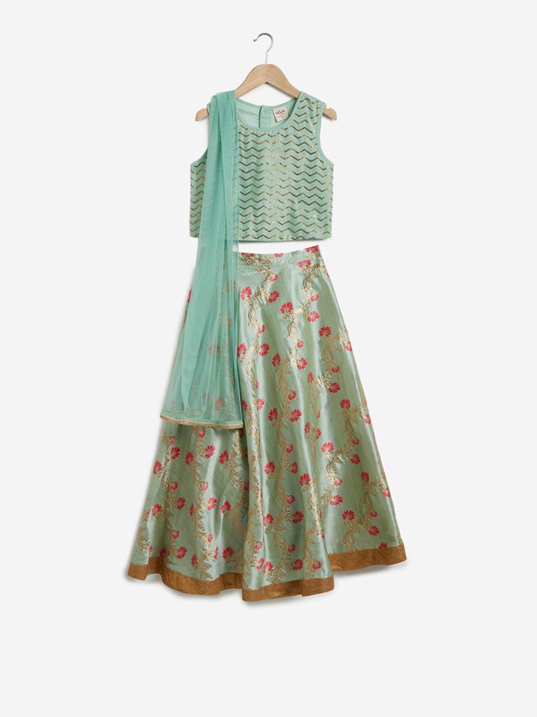 Utsa Kids Aqua Floral Ghagra Choli Ethnic Set