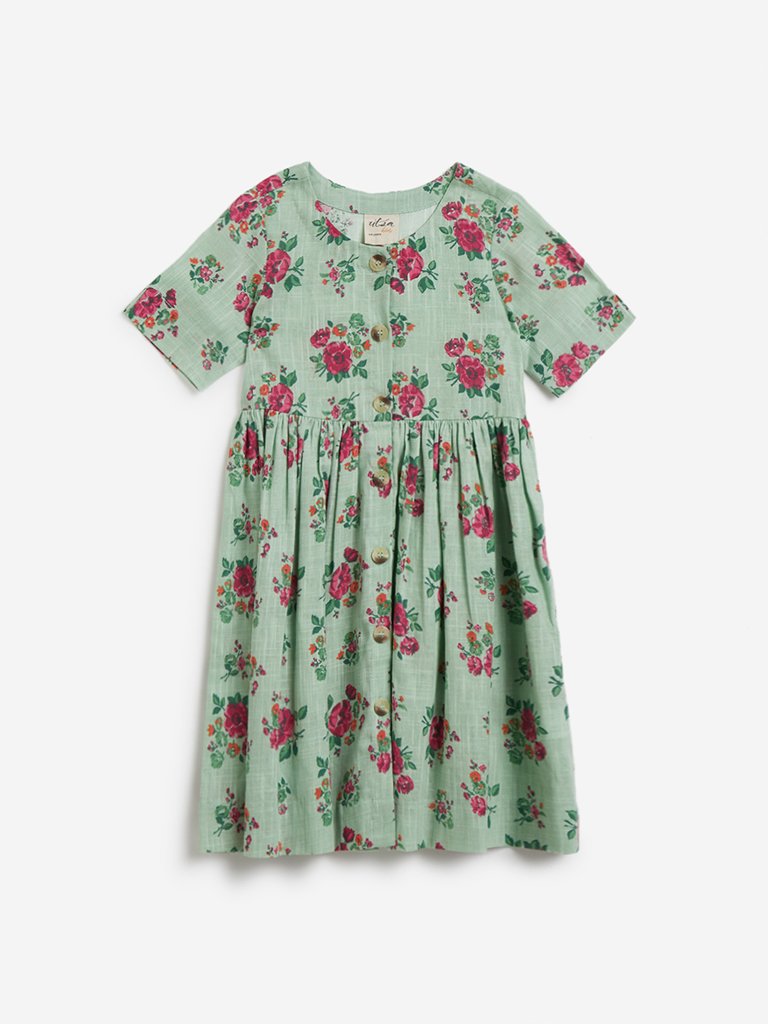 Utsa Kids Mint Floral Fit-And-Flare Dress