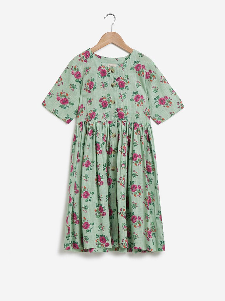 Utsa Kids Mint Floral Fit-And-Flare Dress