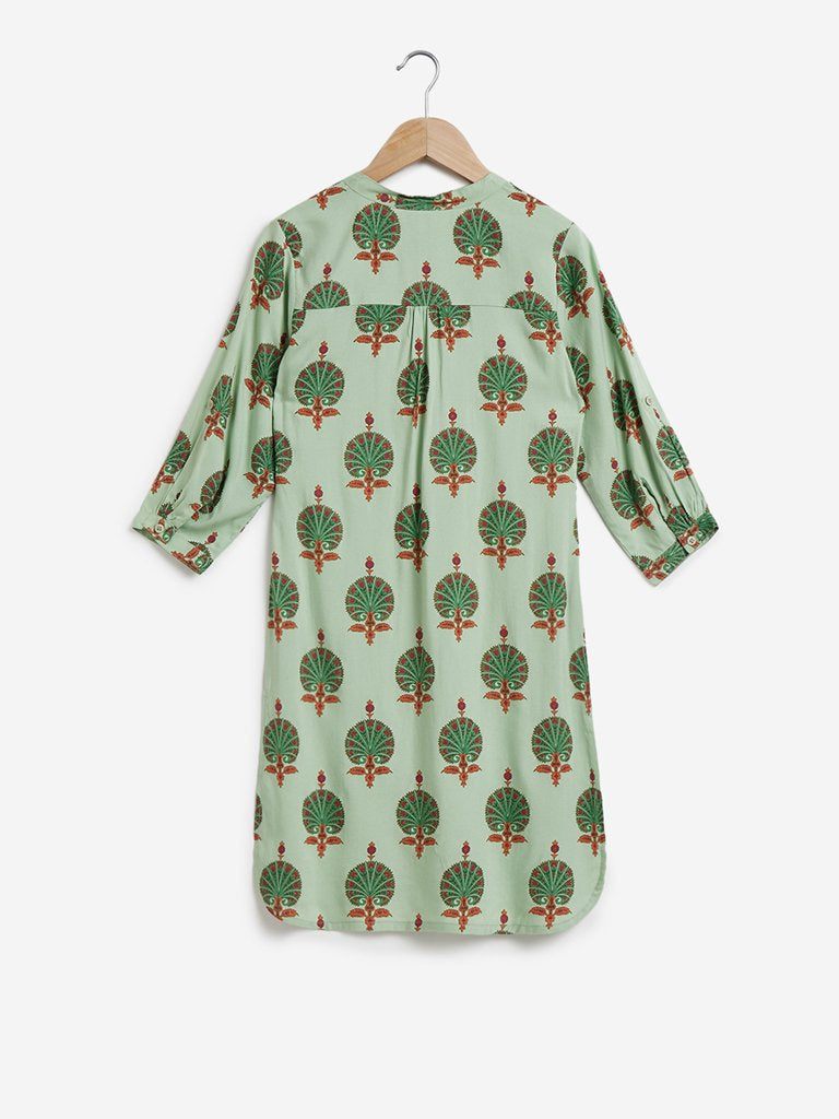 Utsa Kids Light Green Printed High-Low Kurta
