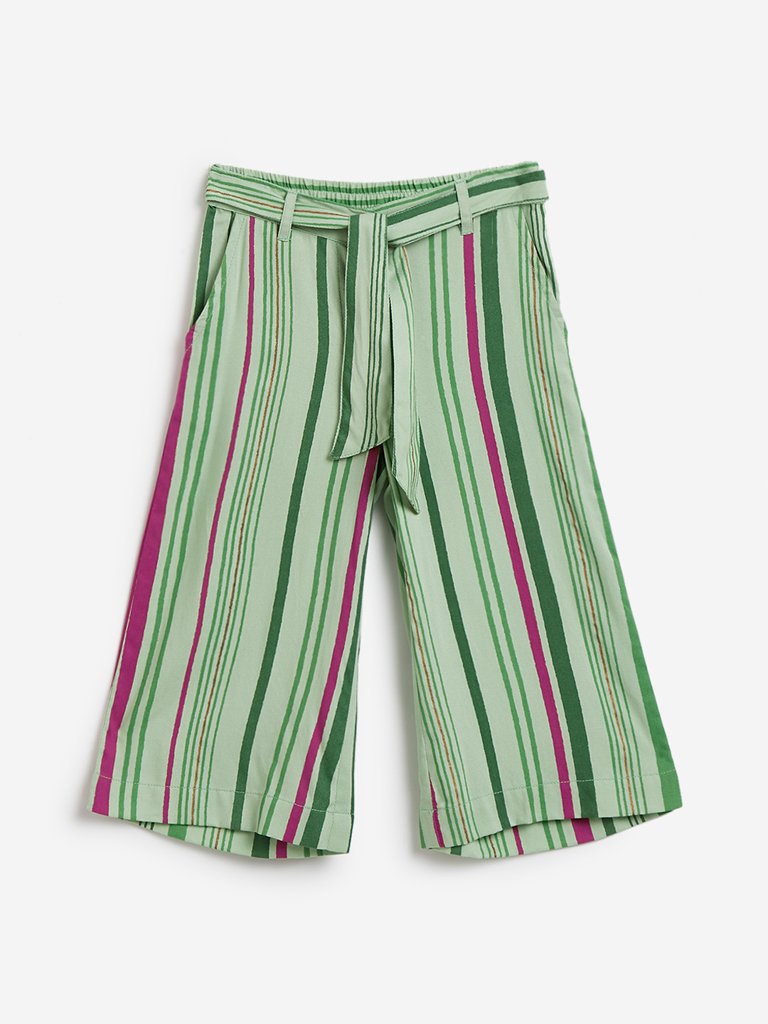Utsa Kids Light Green Striped Palazzos With Belt