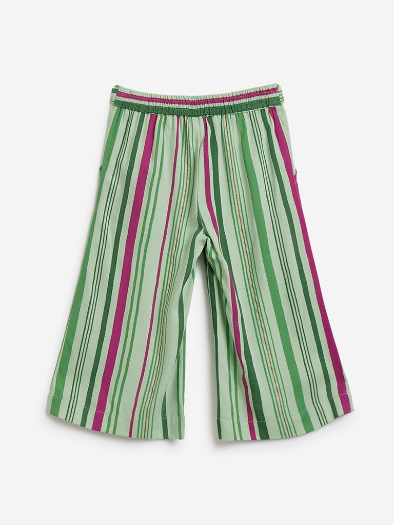 Utsa Kids Light Green Striped Palazzos With Belt