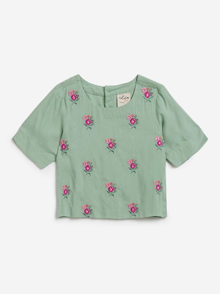 Utsa Kids Sage Green Floral Embroidered Crop-Top