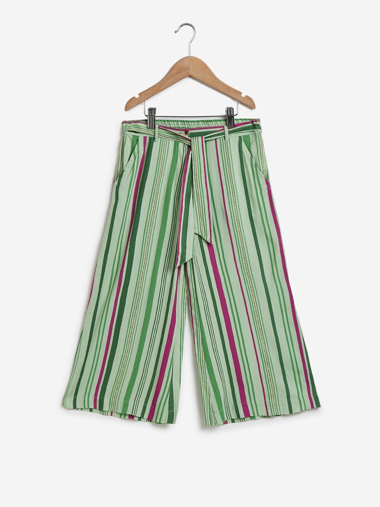 Utsa Kids Light Green Striped Palazzos With Belt