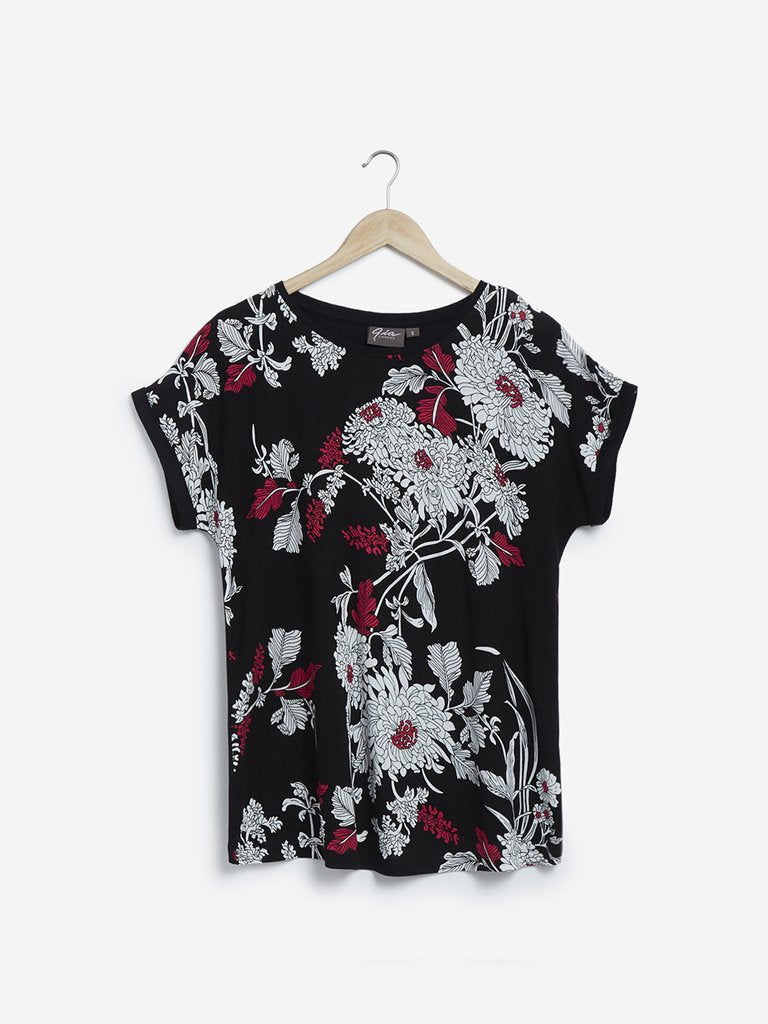 Gia Curves Black Floral Print Top