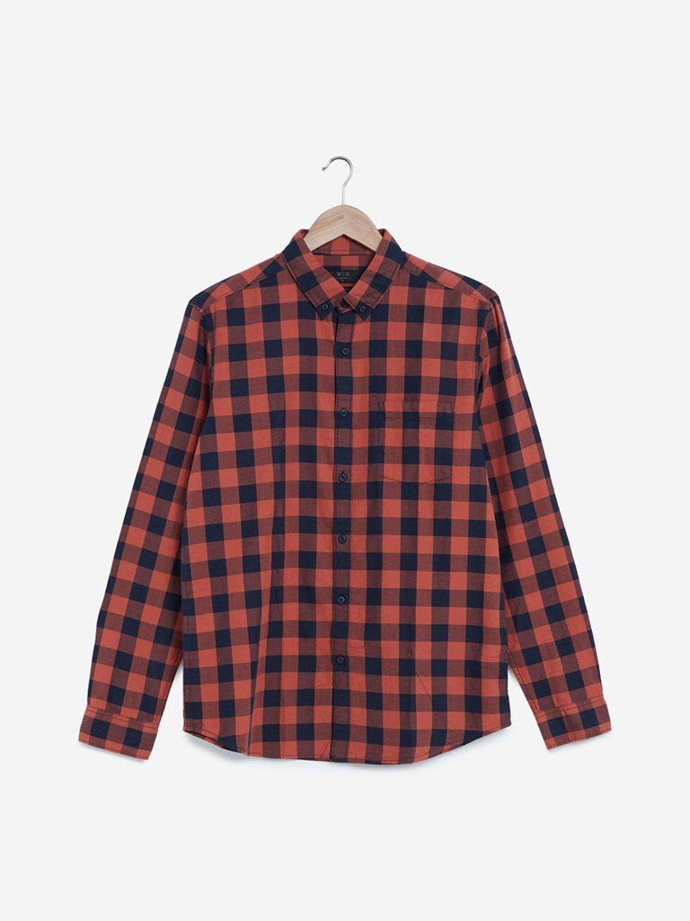 WES Casuals Rust Checked Slim Fit Shirt
