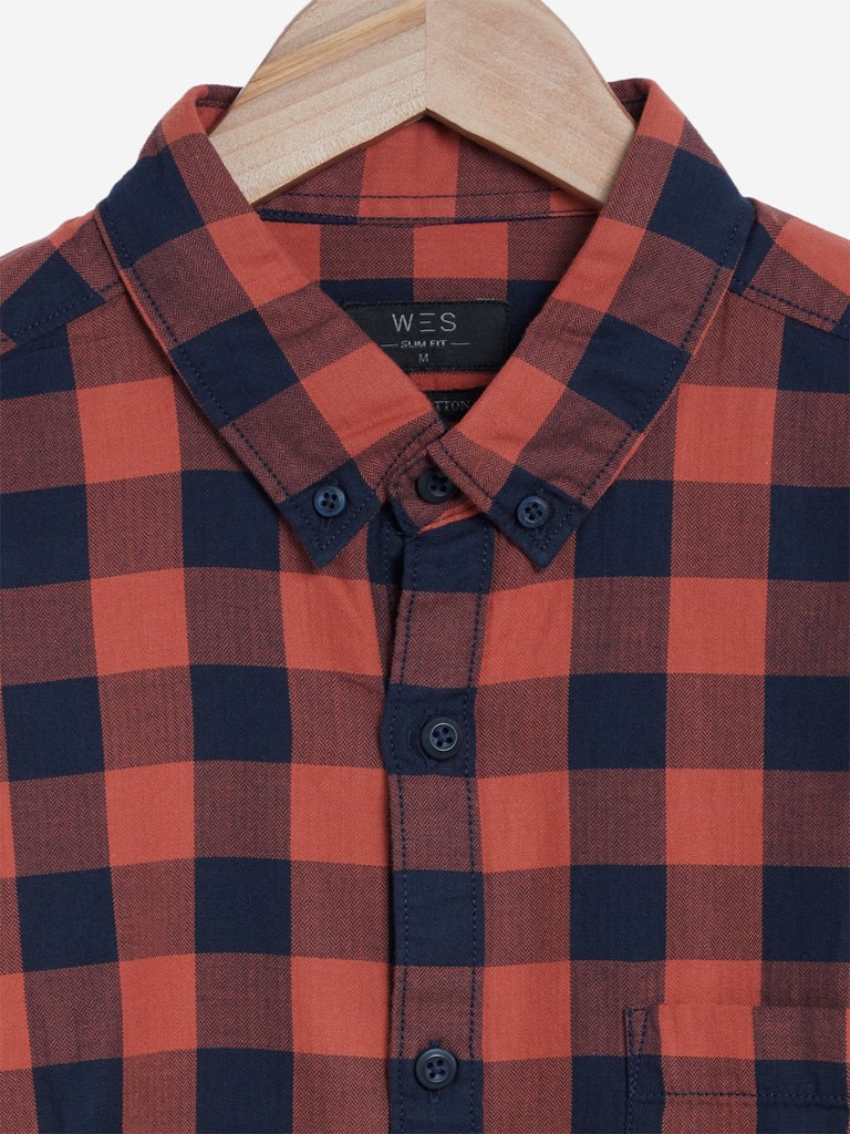 WES Casuals Rust Checked Slim Fit Shirt