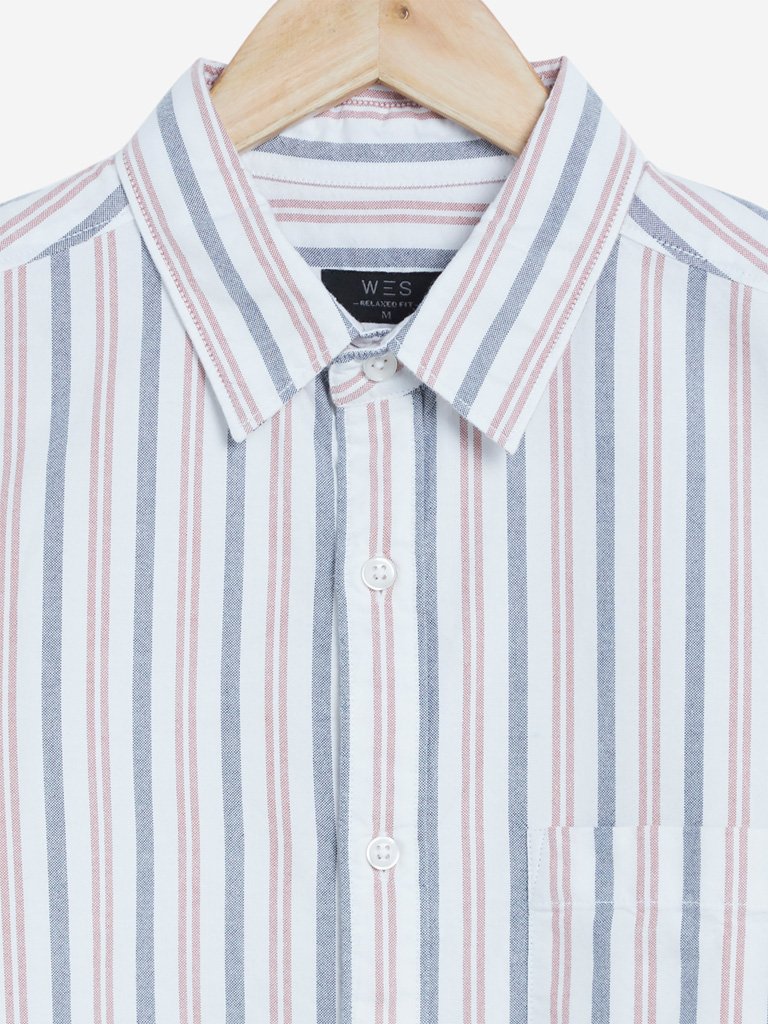 WES Casuals White Striped Relaxed Fit Shirt