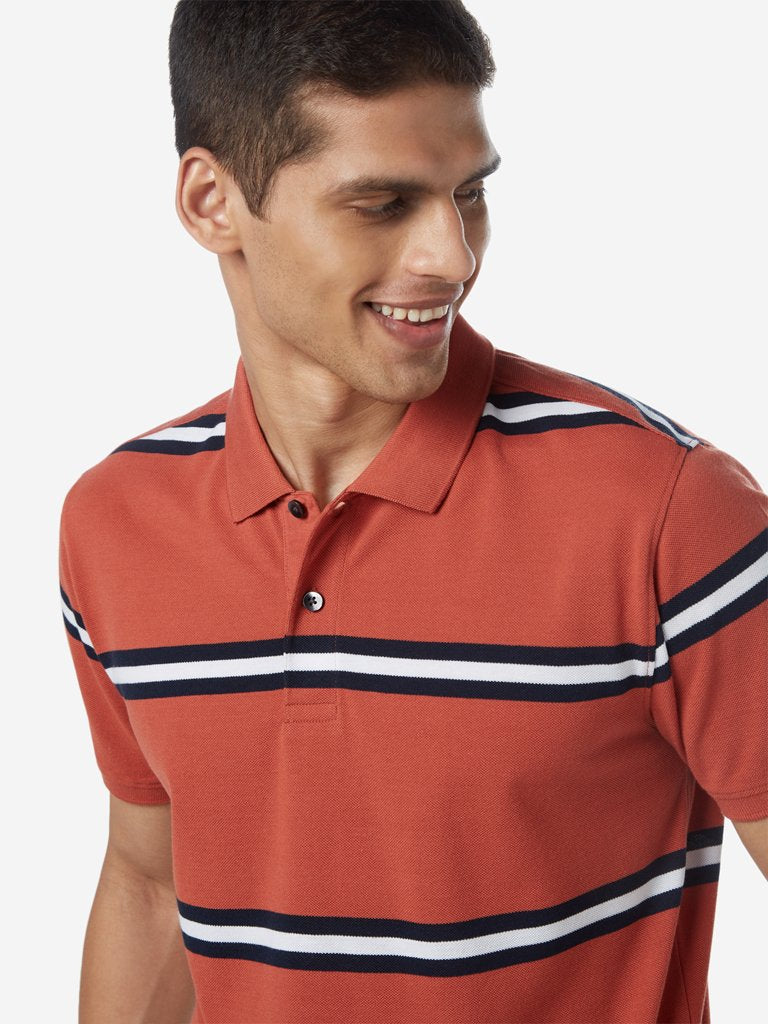 WES Casuals Rust Striped Polo Slim Fit T-Shirt